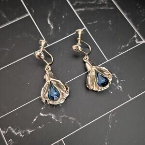 Vintage Screw Back Earrings Large Regal & Elegant Gold Tone with Blue Gem Dangle